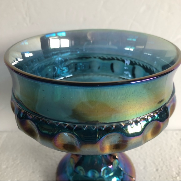 Blue Iridescent Kings Crown Thumbprint Carnival Glass Compote Candy Dish - Picture 3 of 6